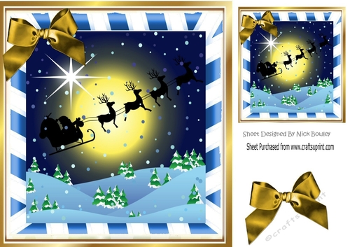 silhouette of santa and his sleigh flying, in blue stripe frame 8x8