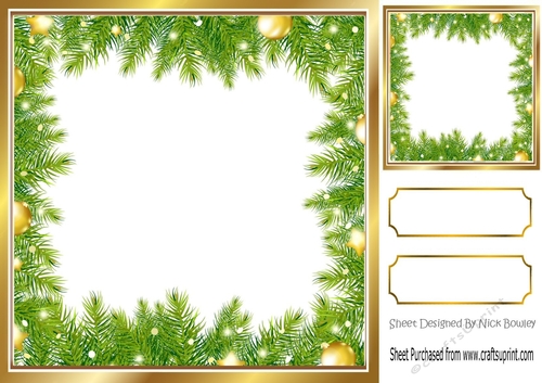 Lovely Green Holly and Baubles frame edged with gold card front/insert 8x8