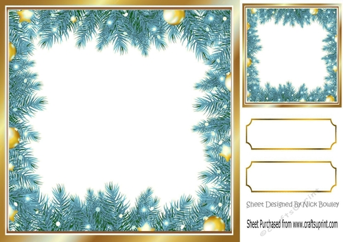 Lovely turq Holly and Baubles frame edged with gold card front/insert 8x8