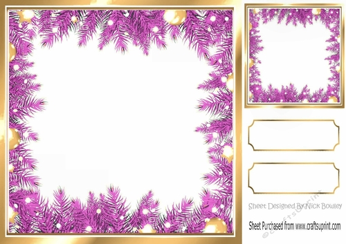 Lovely Cerise Holly and Baubles frame edged with gold card front/insert 8x8