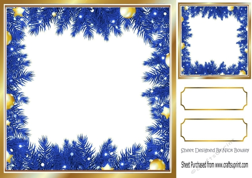 Lovely Blue Holly and Baubles frame edged with gold card front/insert 8x8