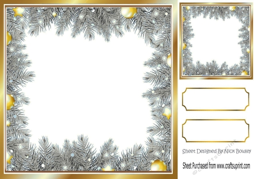 Lovely silver Holly and Baubles frame edged with gold card front/insert 8x8