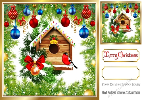  Green Holly and Baubles frame edged with gold card front 8x8 with bird house