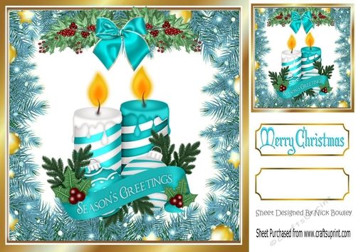 Lovely turq Holly and Baubles frame edged with gold card front/candles