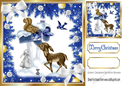 Lovely Blue Holly and Baubles frame edged with gold card front animals