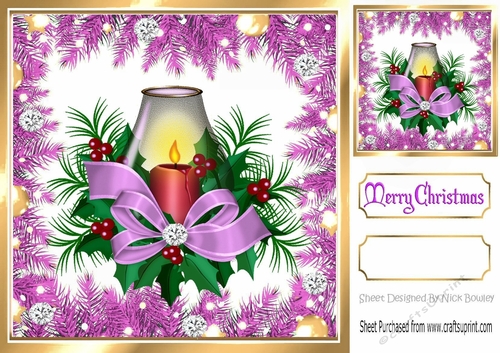  Cerise Holly and Baubles frame edged with gold card front candles bow