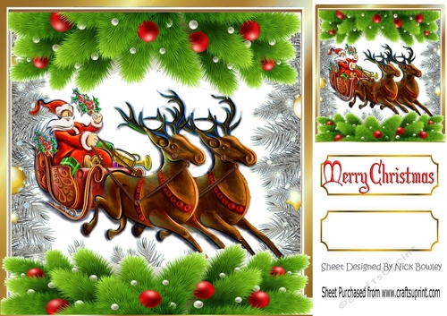  silver Holly and Baubles frame edged with gold card front 8x8/ santa flying