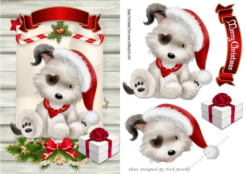 Cute white puppy in santa hat on a scroll A5