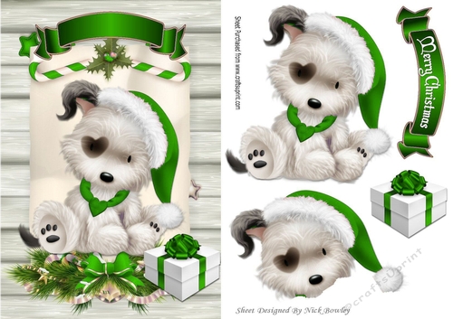 Cute white puppy in green santa hat on a scroll A5