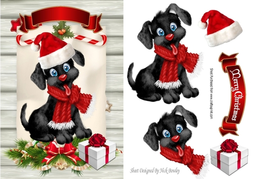 Cute black puppy in santa hat on a scroll A5