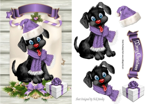 Cute black puppy in purple santa hat on a scroll A5