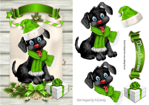 Cute black puppy in green santa hat on a scroll A5