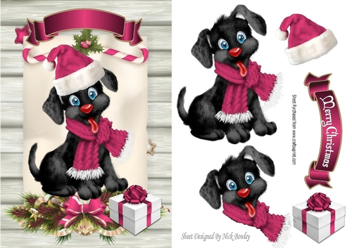 Cute black puppy in cerise santa hat on a scroll A5