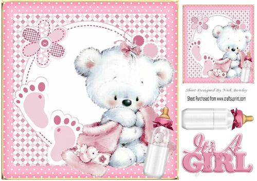 White Bear with pink blanket, footsteps/bottle 8x8 (girl)