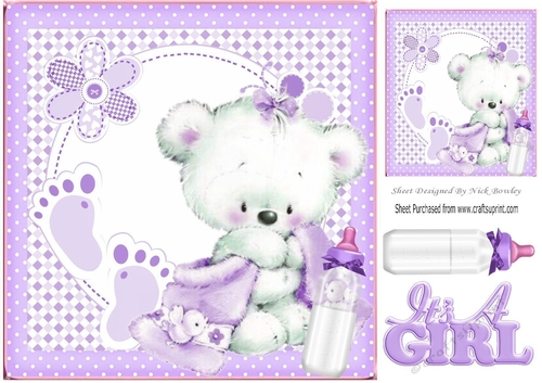 White Bear with lilac blanket, footsteps/bottle 8x8 (girl)