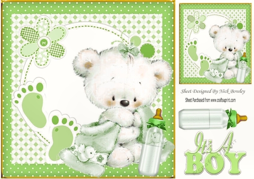 White Bear with green blanket, footsteps/bottle 8x8