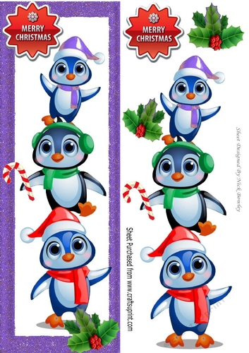 Cute playful penguins with holly tall DL Card (purple)