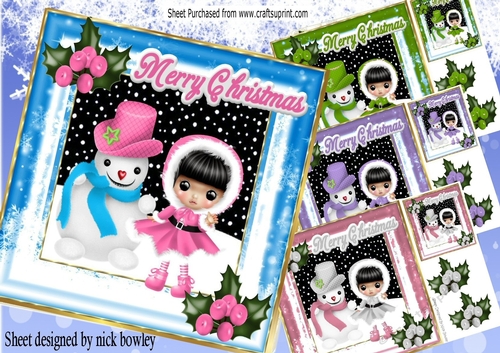  4 Cute girls with snowman in the snow card fronts 8x8 mini kit