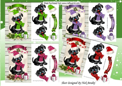  4 Cute black puppies in santa hats on a scroll A5 card fronts mini kit