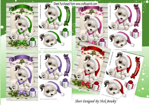  4 Cute white puppies in santa hats on a scroll A5 card fronts mini kit