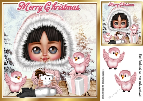 cute girl with her choc dressed for winter with pink birds 8x8
