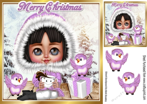 cute girl with her choc dressed for winter with lilac birds 8x8