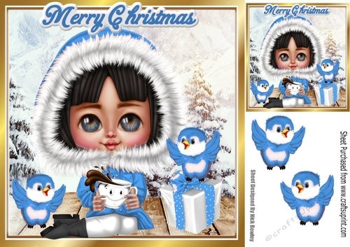 cute girl with her choc dressed for winter with blue birds 8x8