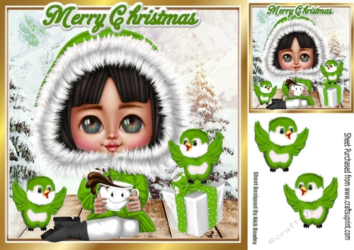 cute girl with her choc dressed for winter with green birds 8x8