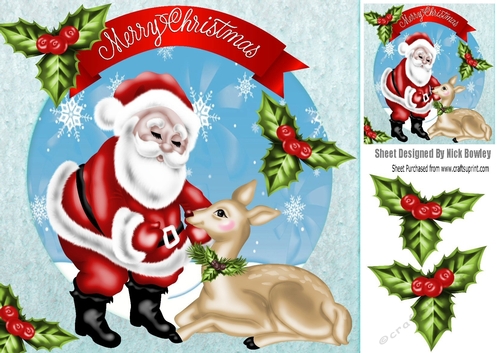 santa with little deer with holly 8x8