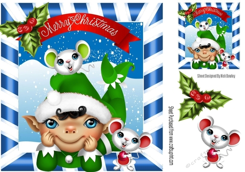 santas elf in green with cheeky mice 8x8