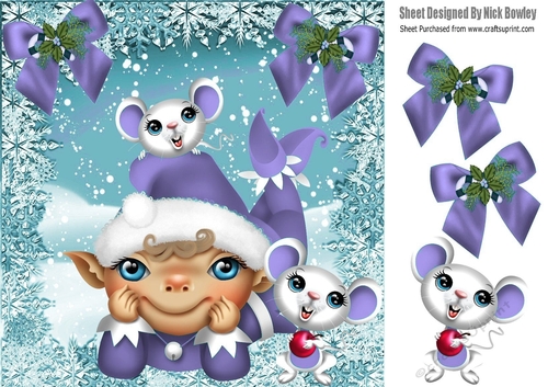 santas elf in purple with cheeky mice in snowflake frame /bows  8x8