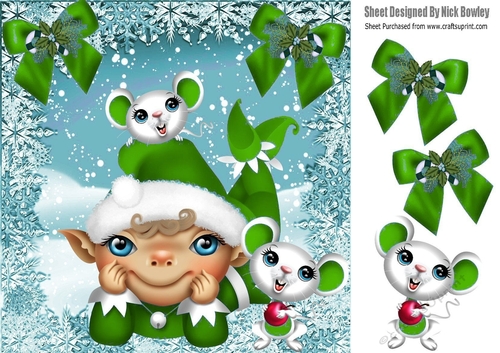 santas elf in green with cheeky mice in snowflake frame /bows  8x8
