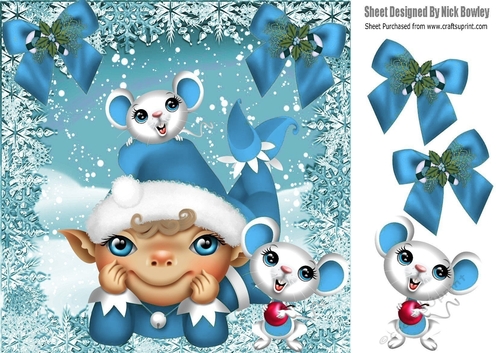 santas elf in blue with cheeky mice in snowflake frame /bows  8x8