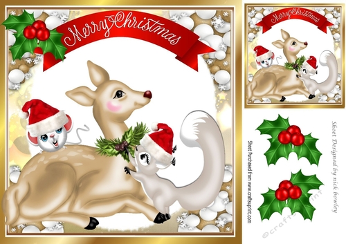 Cute squirrel & mouse with deer and holly 8x8