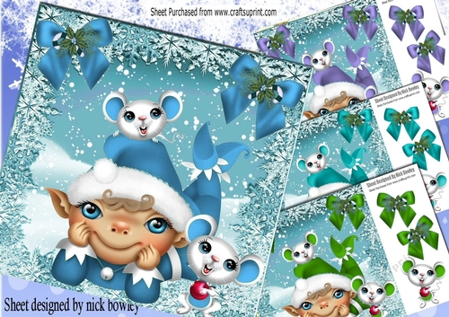  4 Santas Elves  with cheeky mice, in snowflake frame card fronts  8x8 mini kit