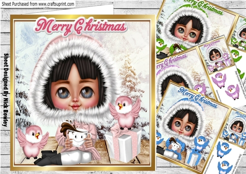  4 cute girls with her choc dressed for winter with birds card fronts 8x8 mini kit