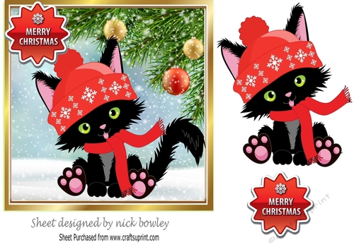 Cute black kitty in knitted red hat, with baubles 7x7