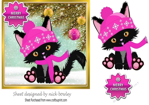 Cute black kitty in knitted cerise hat, with baubles 7x7