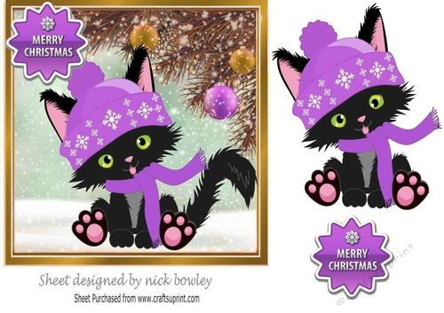 Cute black kitty in knitted purple hat, with baubles 7x7