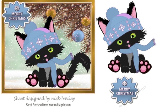 Cute black kitty in knitted blue hat, with baubles 7x7