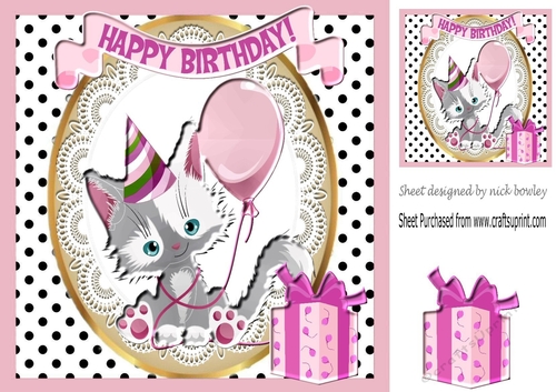 Cute grey/white kitten with balloons birthday 8x8