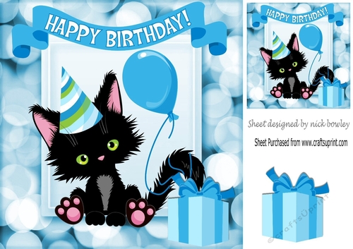 Cute black kitten with  a blue balloon birthday 8x8