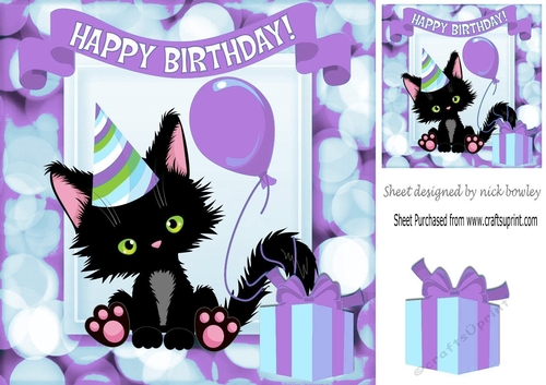 Cute black kitten with  a purple balloon birthday 8x8