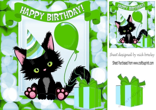 Cute black kitten with  a green balloon birthday 8x8