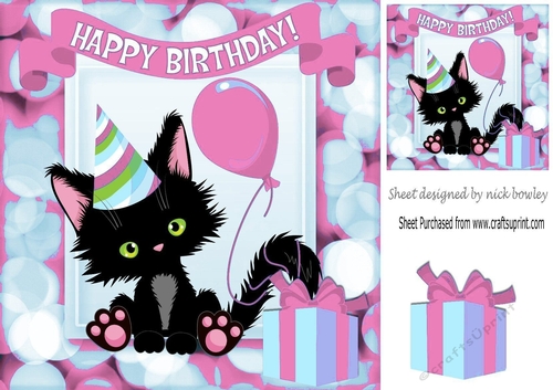 Cute black kitten with  a pink balloon birthday 8x8