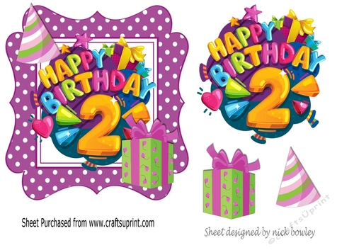 2nd Birthday in funky purple polkadot frame with present