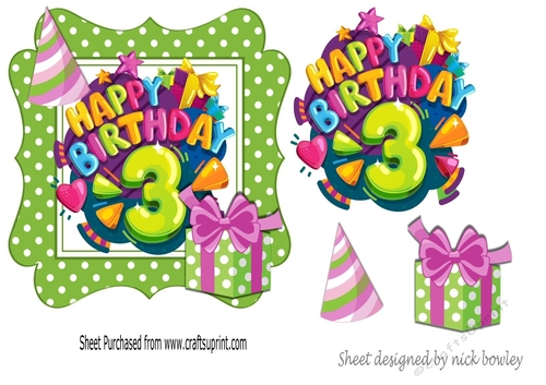 3rd Birthday in funky lime green polkadot frame with present