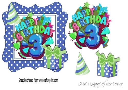3rd Birthday in funky blue polkadot frame with present