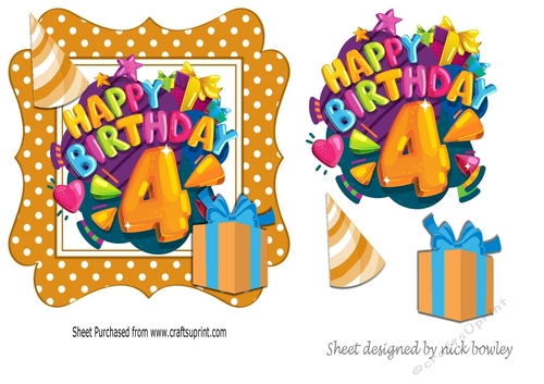 4th  Birthday in funky gold polkadot frame with present
