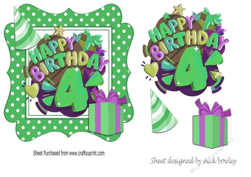 4th  Birthday in funky green polkadot frame with present